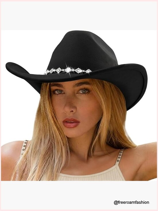 Rhinestone Western Cowboy Hat Suede Felt Wide Brim Unisex Foldable main image 4